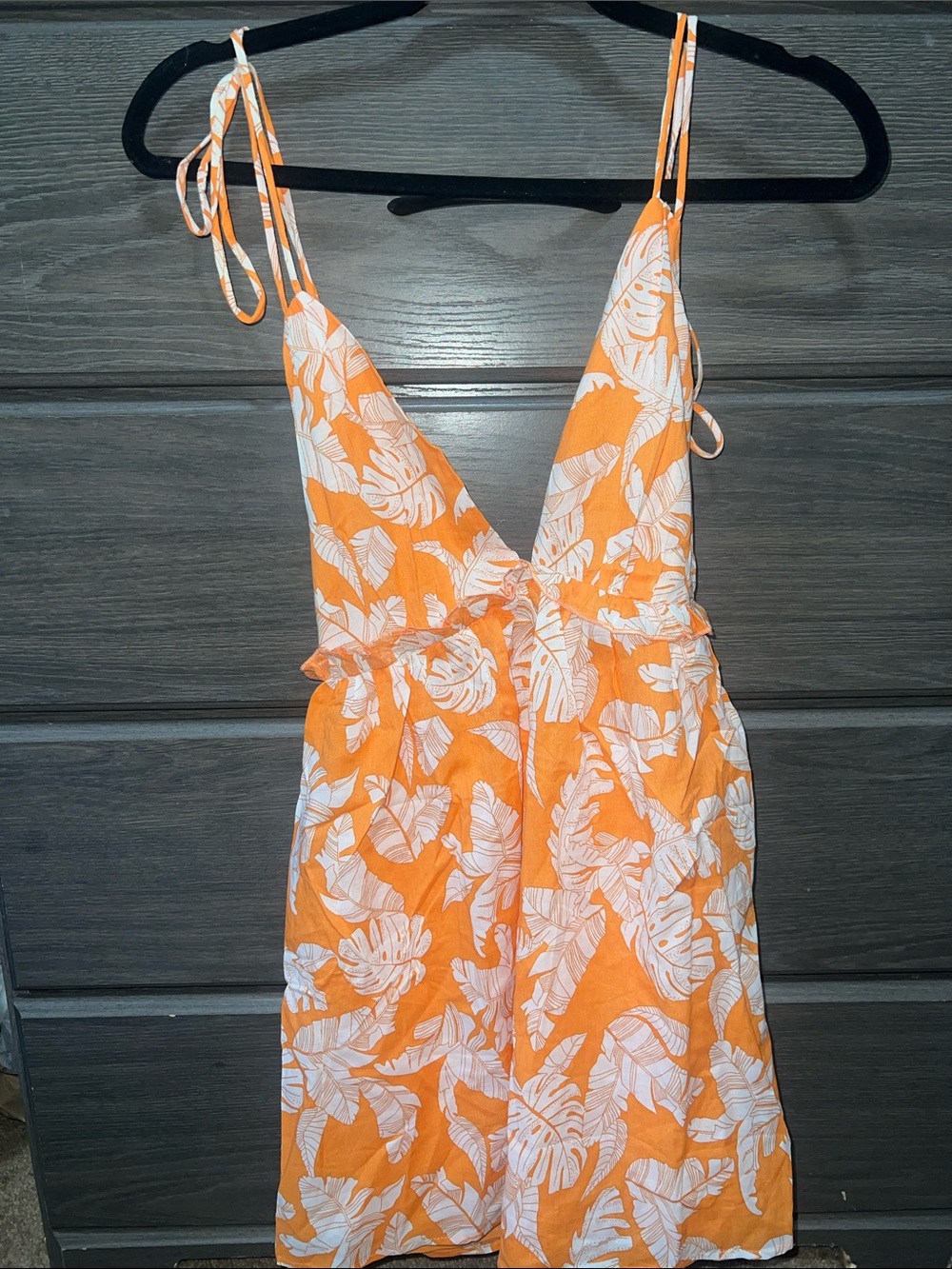 Orange Tropical Print Mini Dress with Tie Straps